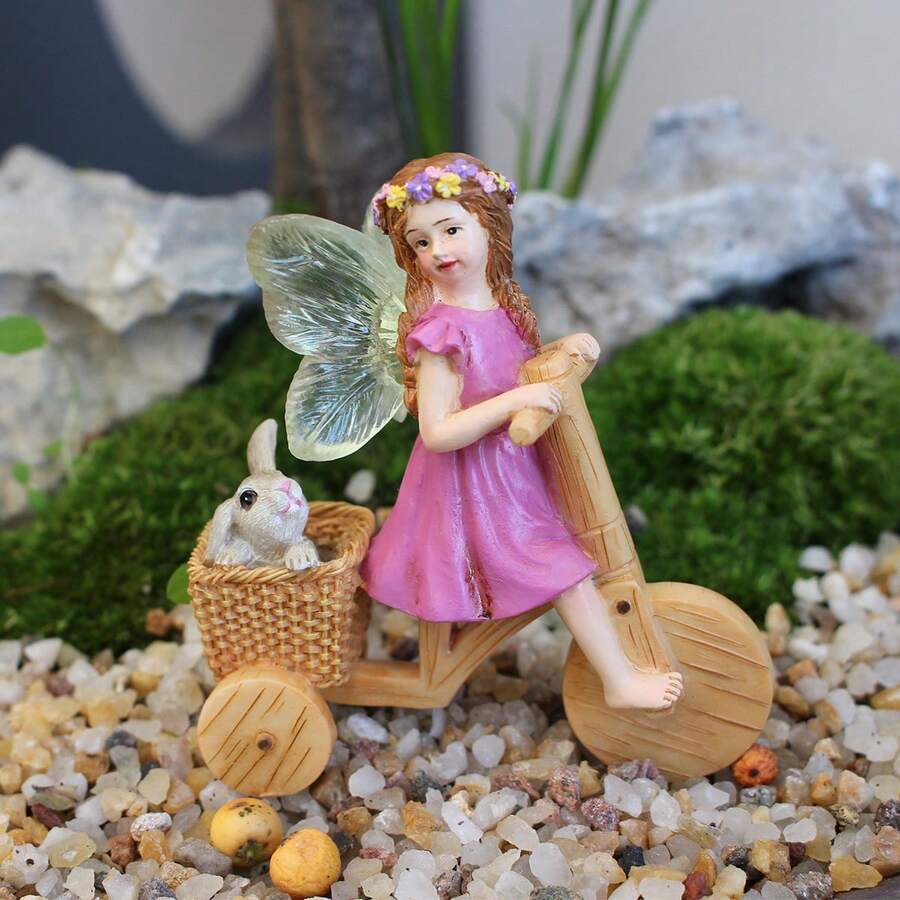 Estátua de fada de resina andando de bicicleta para jardim, miniatura de paisagem. Decoração interessante para áreas externas. Linda menina e coelho para jardim, quintal, varanda e áreas externas. Ideal para artesanato, decoração de mesa ou como presente.