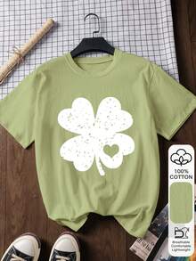 聖帕特里克節 100% 純棉短袖女款 T-shirt，三葉草印花圖案上衣，柔軟面料，純棉，休閒，夏季，度假，旅行風格，海灘氛圍，極簡節日穿搭 - 淺綠色 - 查看 3