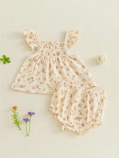 Baby Girl Summer Outfit Casual Floral Print Ruffled Trim Flutter Sleeve Tops and Mini Shorts 2 Pcs Set