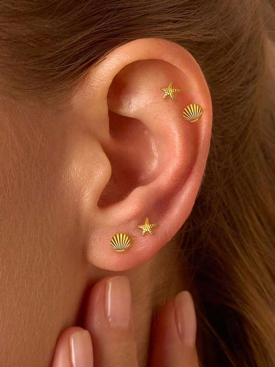 2 Pairs Minimal Seashell Starfish Earrings Set, Bohemian Boho Style Vacation Jewelry For Women Daily Wear And Beach Travel - Starfish Shell Earring Set - View 1