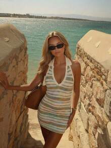 Đầm dệt kim nữ, kiểu dáng gợi cảm, thanh lịch, thường ngày, cổ chữ V, họa tiết sọc, ôm sát cơ thể (họa tiết sọc ngẫu nhiên), màu trắng mùa xuân. - trắng - Xem 1