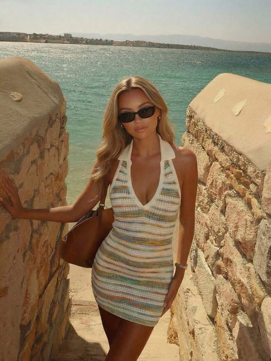 Đầm dệt kim nữ, kiểu dáng gợi cảm, thanh lịch, thường ngày, cổ chữ V, họa tiết sọc, ôm sát cơ thể (họa tiết sọc ngẫu nhiên), màu trắng mùa xuân. - trắng - Xem 1