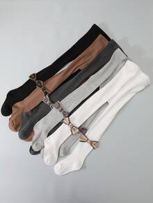 5 piezas Leggings/Mallas de niña con rayas verticales sólidas y decoración de lazo estilo retro, aptos para primavera, otoño y todas las estaciones - Multicolor - Ver 14