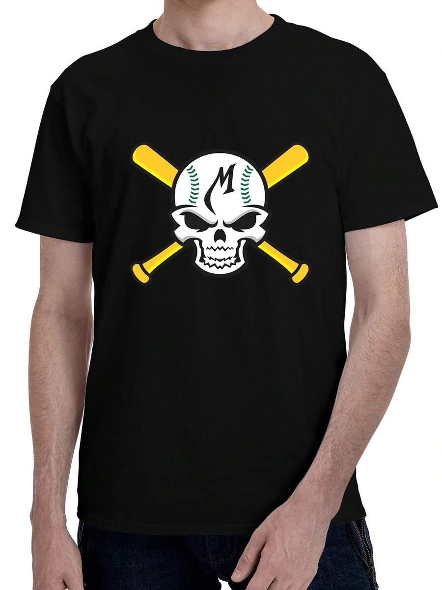 Camiseta Gráfica Hombre Calavera con Bate Cruzado, Playera Urbana Streetwear de Algodón Manga Corta - Negro - Ver 1