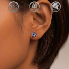 1 Pair Minimalist Elegant 925 Silver Flower Earrings Inlaid With Blue Synthetic Cubic Zirconia, Suitable For Daily, Party, Holiday, Date, Gift - Silver - View 6