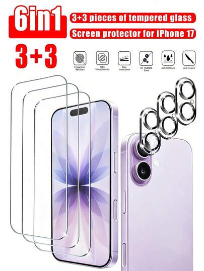 Set 6 în 1 compatibil cu iPhone 17, inclusiv 3 folii de protecție pentru ecran din sticlă securizată și 3 folii de protecție pentru obiectivul camerei, compatibil cu iPhone 17/17 Pro Max/17 Pro/17/17 Air/16 Pro Max/16/16 Plus/15 Pro Max/15/14/13/12/11, rezistent la zgârieturi, înaltă definiție, potrivit pentru huse de telefon. Folosind sticlă securizată îmbunătățită 2026 cu o duritate de până la 9H+, este potrivită pentru sezonul școlar și pentru rechizite de studiu, economisind spațiu.