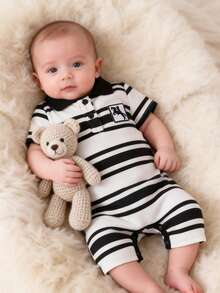 Summer Baby Fashionable Striped Black & White Polo Collar Embroidered Romper - Black - View 10