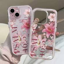 1个时尚粉色百合花英文文字图案透明粉色边框全包防震手机壳，适用于 11/12/13/14/15/16/17 Pro Max - 彩色 - 查看 5