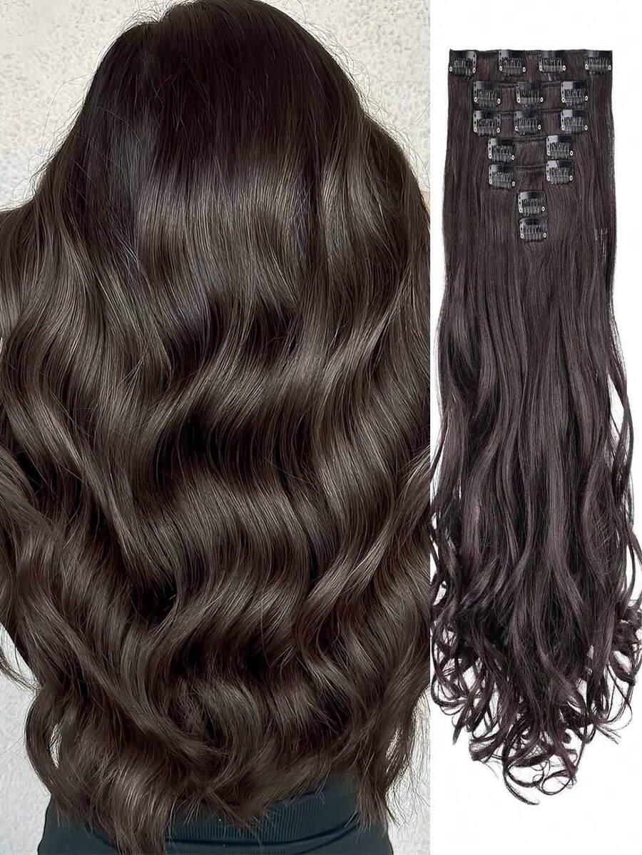 18-30 Inch Long Wavy Clip-In Hair Extensions, 7pcs/Set, Thickened Hair Pieces, Invisible Clip Design, Soft Synthetic Fiber, Black, For Women