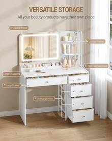 HEXCELEN Dressing Table With Mirror And LED Lighting, 3 Colors, Vanity Table With 5 Drawers And 2 Shelves, Bedroom Dressing Table, Modern Style, 40 X 90 X 135 Cm, White - trắng - Xem 4