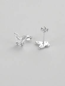 1 Pair 925 Sterling Silver Cubic Zirconia Butterfly Stud Earrings, Gift For Girl Birthday - Silver - View 5