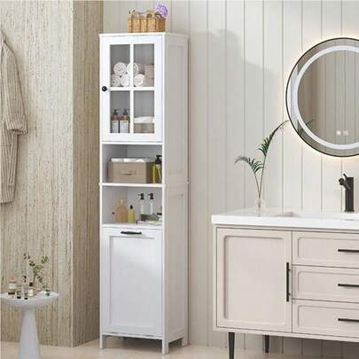 Tall Slim Bathroom Cabinet With Removable Laundry Basket: 4-Shelf Freestanding Organizer + Acrylic Door | Space-Saving Storage For Bathroom/Laundry Room/Hallway