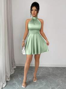 abyoxi Women's Sage Green Satin Halter Double Bow Detail Flared Mini Dress - Pea Green - View 6