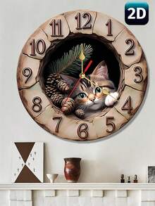 1 Peça Relógio de Parede de Madeira Fofo de Gato Tabby e Pinha de 10"/12" - Silencioso Sem Tique-Taque Operado a Bateria (Pilha AA Não Incluída) - Estilo Vintage Fazendeiro para Sala de Estar, Cozinha, Banheiro - Multicolorido - Visão 9