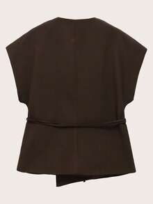 Women's Casual Commuter Solid Color Criss-Cross Waist Belt Vest, Spring/Autumn Summer - Coffee Brown - View 2