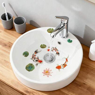Koi Fisch und Lotus Blume Badezimmer Aufkleber - Traditionelles chinesisches Wasserlandschafts-Thema Aufkleber, selbstklebend, abnehmbar, wasserfest für Badezimmer und Waschtisch Dekoration, ruhiger Zen-Stil Haushaltswaren