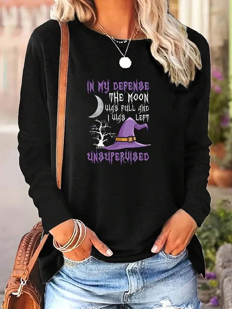 1 Piece Of Plus-Size Women's Funny Halloween Witch T-Shirt - Black Base With Purple Pattern - Oversized Long-Sleeve T-Shirt With The Print "My Defense Is The Full Moon" - Machine Washable For Everyday Casual Wear And Costume Parties, Witch-Themed Design, Comfortable Fit 180g Essential Women's Long Sleeve T-Shirt Casual Outfit - 黑色 - 查看 1