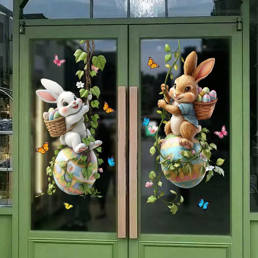 1/4 Set Cute Rabbit Rocking Window Stickers, Suitable For Spring, Reusable PVC Double-Sided Visible Animal Static Cling Window Stickers, Applicable For Glass Doors, Windows, Living Room, Kids Room And Indoor Decoration - Window Stickers - View 1