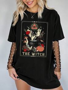 Camiseta Gráfica Plus Size com Tema de Tarô Misterioso, Casual Larga e Longa Preta de Volta às Aulas, Verão - Preto - Visão 1