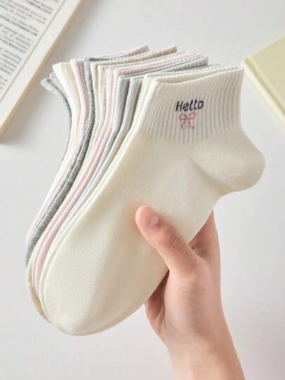 5双装女士可爱甜美透气短袜，樱桃、蝴蝶结、苹果、冰淇淋图案，隐形袜，踝袜，INS风时尚袜，白色袜，粉色袜，适合春、夏、秋、冬日常休闲穿着