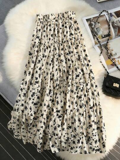  EARO 女士长款印花层叠半身裙，无弹力面料，松紧腰带，飘逸长裙