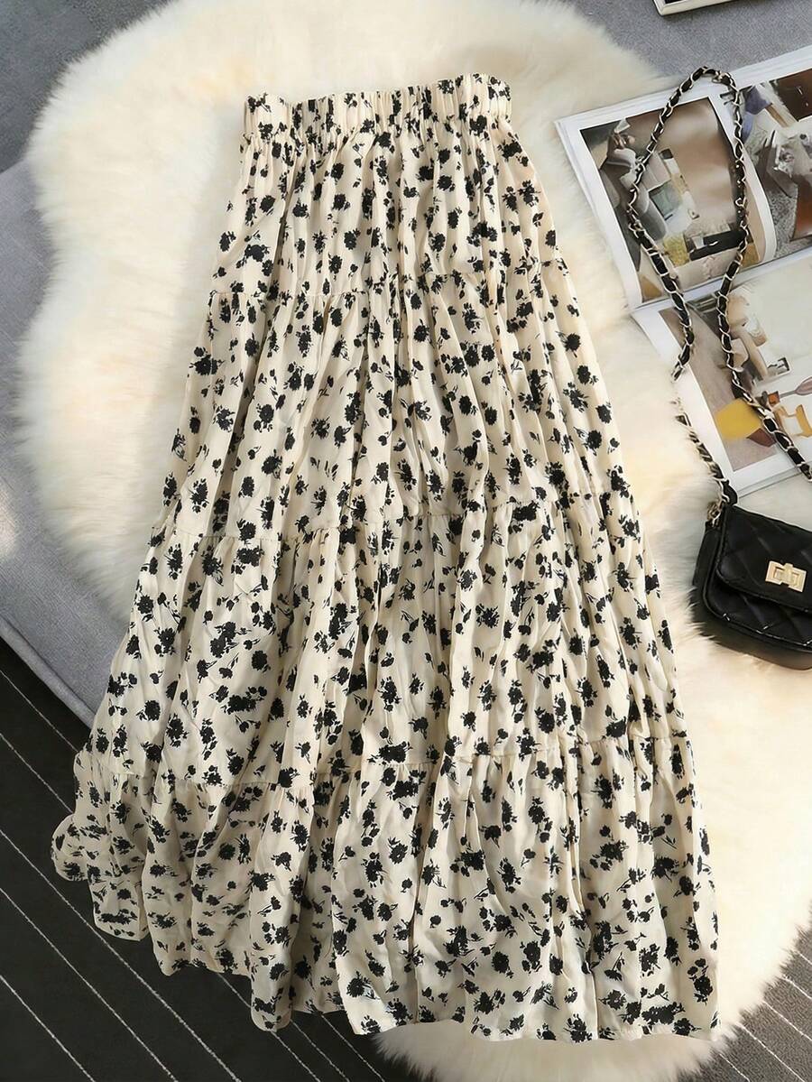 EARO 女士长款印花层叠半身裙，无弹力面料，松紧腰带，飘逸长裙 - 杏色 - 查看 1