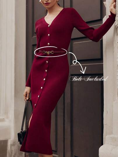 女士优雅休闲针织连衣裙，新款，纯色简约，复古别致，精致的前扣V领设计，显瘦，配腰带，柔软弹力舒适，适合派对、晚宴、办公等场合穿着。