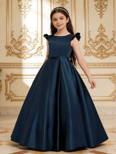 女孩优雅公主蝴蝶结盖袖礼服，花童礼服，伴娘礼服，适合表演，婚礼，派对，生日，女孩长款晚礼服，婚纱，公主裙，舞会礼服，毕业典礼，圣诞节