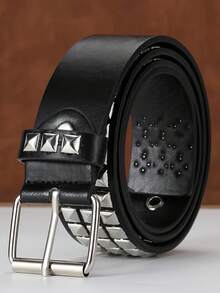 1件男女通用铆钉腰带，金属方珠金字塔腰带，欧美朋克风格配饰 - 黑色 - 查看 6