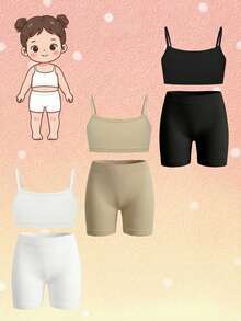 Set de 6 piezas de sujetador camiseta sin acolchado de unicolor cómodo y suave, y bragas de cintura elástica, adecuado para escuela, deportes, vacaciones diarias y uso en la playa en verano, para adolescentes y niñas - Multicolor - Ver 3