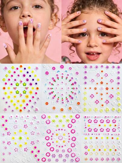 6 ark färgglada blommiga nagelklistermärken för barn - Med flerfärgade små blommor och 3D-dekormönster, söt lekfull stil, lämplig för vårens barnutflykter, födelsedagskalas och daglig lek, lätt att applicera och ta bort, perfekt för bedårande nageldekorationer för barn