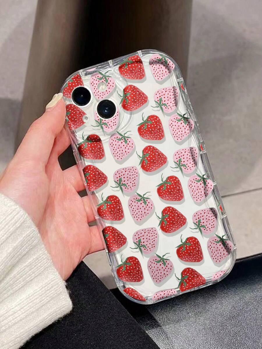 Cream Textured Transparent Strawberry Painted Anti-Drop Cartoon Phone Case Compatible With IPhone 14, 14 Pro, 14 Pro Max, 13, 13 Pro, 13 Pro Max, 11, 11 Pro Max, 12, 12 Pro, 12 Pro Max, XR, XS, 15, 15 Pro, 15 Pro Max, 16, 16 Pro, 16 Pro Max, 17, 17 Pro, 17 Air, 17 Pro Max, Galaxy S24, A04, A12, A13, A14, A23, A24, A32, A33, A51, A52, A53, A54, A72, S20 FE, 9, 9A - Multicolor - View 1