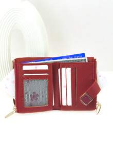 MINGYOU 女士短款按扣钱包，PU软皮多功能时尚休闲卡包，拉链简约学生零钱包，小巧时尚，方便携带，女士钱包，迷你钱包，小钱包，可爱钱包，教师配件，可爱钱包，复古钱包 - 紅色 - 查看 5