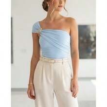 Boddy elegante asimétrico de un Hombro con detalle de argolla, licra cali - Celeste - Ver 3