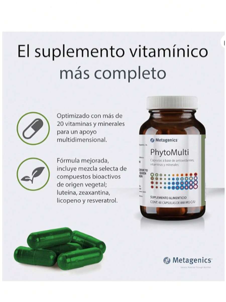 Metagenics PhytoMulti - Suplemento Alimenticio Con Fitonutrientes y Vitaminas - 60 Cápsulas de 888 mg c/u - Con Extractos Naturales, Vitaminas y Minerales Esenciales - Sin Gluten Ni GMO - Blanco - Ver 1