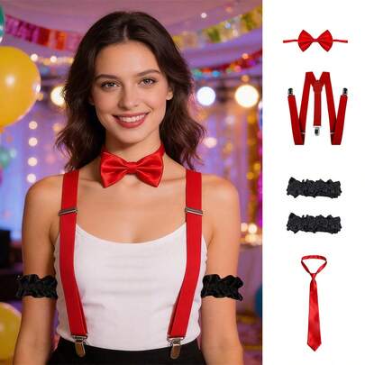 5件套1920年代复古派对趣味套装：领结、吊带、臂章、领带，复古风格配饰，适用于主题咖啡馆、公司活动、趣味服装。