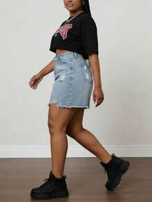 女式休闲做旧磨边牛仔迷你裙，夏季 - 藍色 - 查看 7