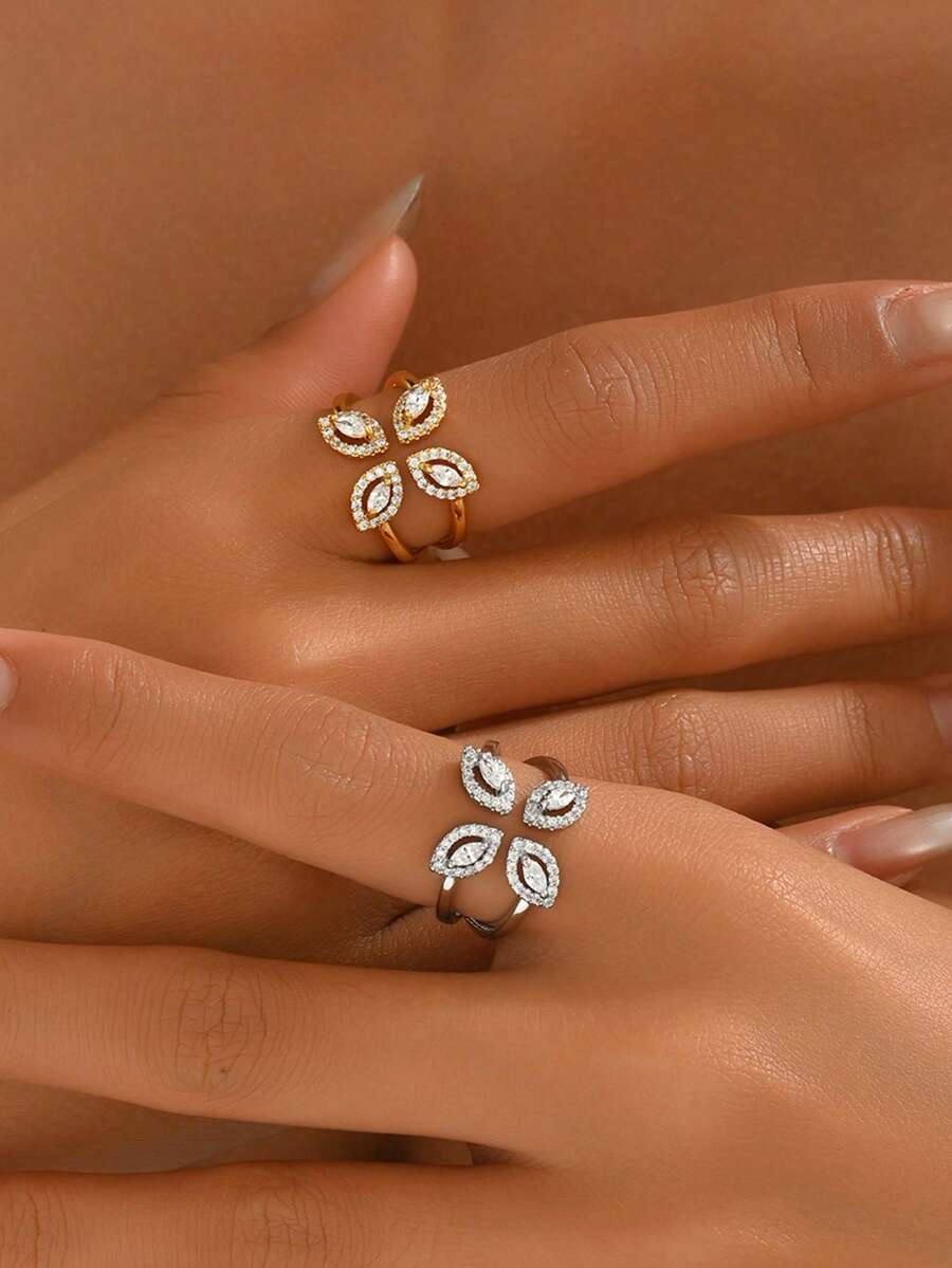 1 chiếc nhẫn đá Zirconia rỗng bốn cánh tối giản, món quà thanh lịch cho hẹn hò, đám cưới, đính hôn, tỏ tình. - Nhiều màu - Xem 1