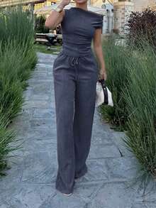 PoPoHouse Women's Elegant Solid Color Two Pieces Set Summer Holiday Beach Vacation Outfit Daily Casual Chic Party Going Out Off-Shoulder Slim Fit Top & Wide-Leg Pants Suit - Gray Blue - View 7
