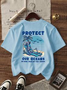 1件装男童休闲印花圆领短袖T恤，夏季学生服装 - 一款百搭T恤，为每个孩子带来欢乐和幸福！ - 淺藍色 - 查看 3