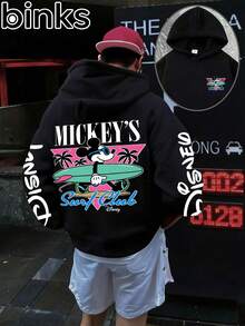 Disney Binks (Double-Sided Print): Mickey Mouse Summer Beach Surfing Retro Elements Cartoon Print Warm Hooded Sweatshirt, A High Street  Brand Loose Hooded Sweatshirt. Autumn And Winter Fashionable Versatile Tops, Holiday Gifts, Vintage Prints. - Black - View 1
