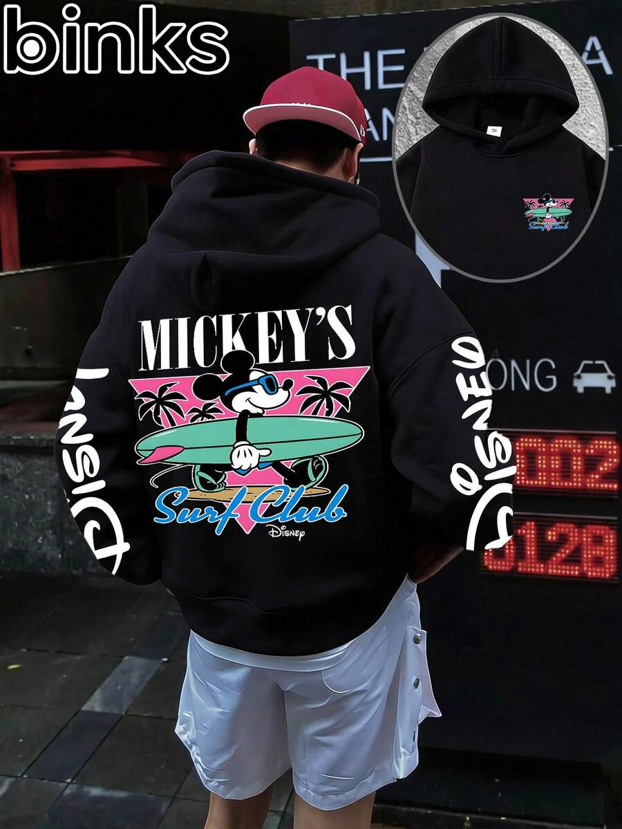 Disney Binks (Double-Sided Print): Mickey Mouse Summer Beach Surfing Retro Elements Cartoon Print Warm Hooded Sweatshirt, A High Street  Brand Loose Hooded Sweatshirt. Autumn And Winter Fashionable Versatile Tops, Holiday Gifts, Vintage Prints. - Black - View 1