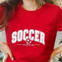 Black T - Shirt With 'SOCCER' Text (O Replaced By Soccer Ball) And 'mama' Cursive - Casual Crew Neck Cotton Tee, Delicate Necklace, Plaid Garment On Arm, Light - Colored, Perfect For Soccer - Loving MomsValentine Gift, Valentine Days,Going Out Tops,Vintage,Summer Outfits For Women,T-Shirt - 紅色 - 查看 7