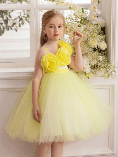 Young Girl 3D Floral Dress Asymmetric Mesh Patchwork Princess Dress, Suitable For Birthday Gift, Banquet, Ball, Party, School Performance, Important Holiday Celebration