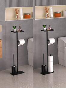 1pc Floor-Standing Toilet Brush & Tissue Paper Holder, Moisture-Proof Toilet Paper Storage Rack, Vertical All-In-One Organizer, Bathroom Accessory, Storage & Decor For Autumn - Black - View 2