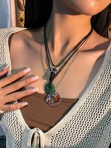 3pcs/Set Bohemian Style Tree Of Life Crystal Pendant Necklace, Elegant Minimalist Daily Casual, Party, Couple Date, Women's Festival Birthday Versatile Jewelry Gift - Necklace - View 3