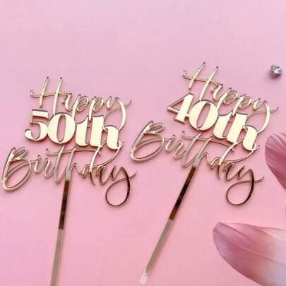 1pc/3pcs/6pcs Gold "Happy Birthday" 18/21/30/40/50/60/70th Anniversary Cake Topper, Birthday Party Cake Decorations