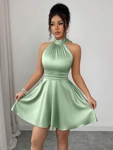 abyoxi Women's Sage Green Satin Halter Double Bow Detail Flared Mini Dress - Pea Green - View 5