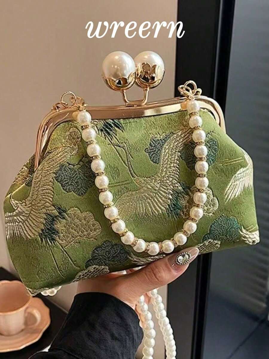 2026 New Vintage Green Fabric Faux Pearl Chain Clutch Bag Women's Versatile Shoulder Bag Suitable For Parties And Everyday Use Elegant Pearl Bag Perfect For Parties - Green - View 1