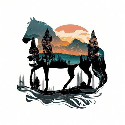 1pc/2pcs/3pcs Black Horse Silhouette Blended Natural Landscape Heat Transfer Print, DIY Iron-On Fabric Patch Suitable For T-Shirts, Hoodies, Baseball Caps, Canvas Bags And Other Textile Decorations